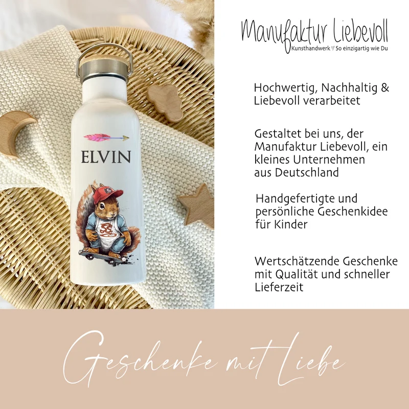 Kinder Trinkflasche "Eichhörnchen Skater" personalisiert für Jungen / Teenager mit Namen | Edelstahl Thermosflasche Tiermotiv mit Bambusdeckel | Kita Schule 500ml