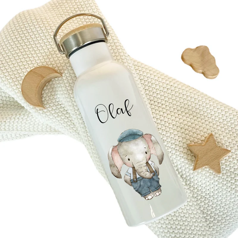 Kinder Trinkflasche „retro Elefant" mit Namen für Mädchen Jungen | Edelstahl Thermosflasche für Kita Schule 500ml