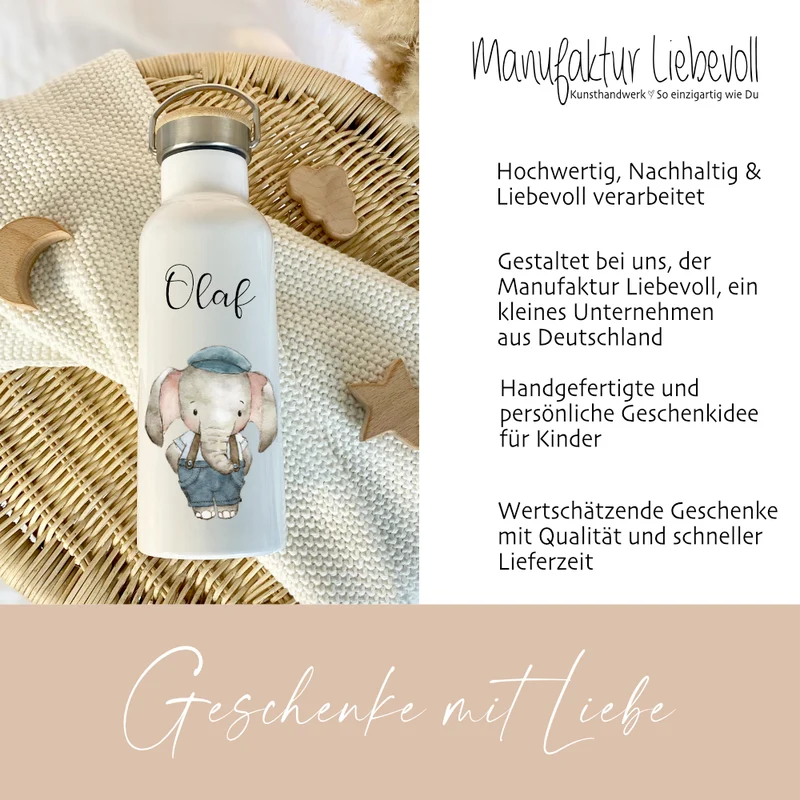 Kinder Trinkflasche „retro Elefant" mit Namen für Mädchen Jungen | Edelstahl Thermosflasche für Kita Schule 500ml