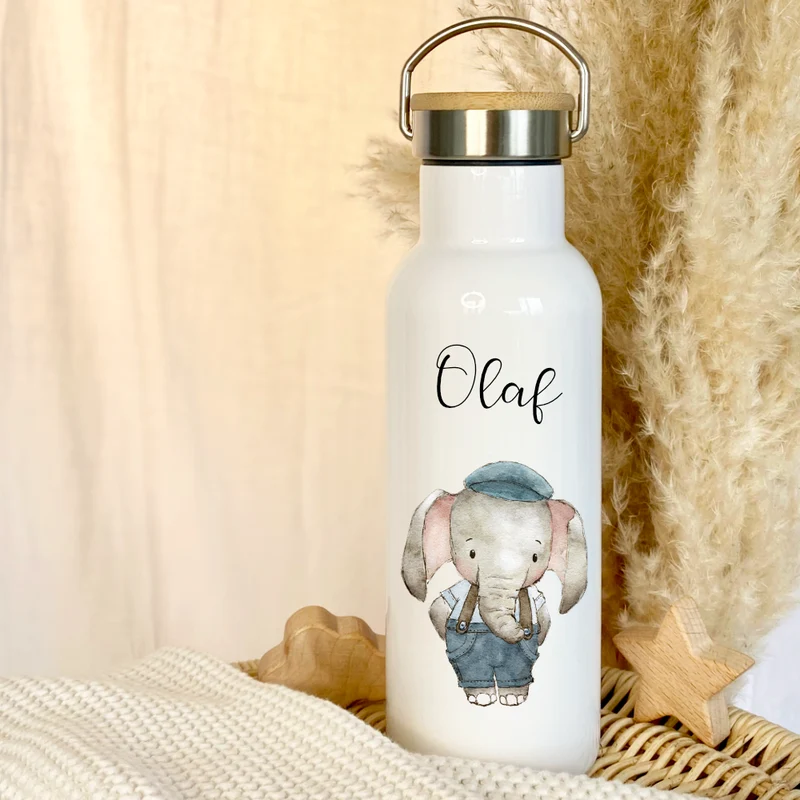 Kinder Trinkflasche „retro Elefant" mit Namen für Mädchen Jungen | Edelstahl Thermosflasche für Kita Schule 500ml