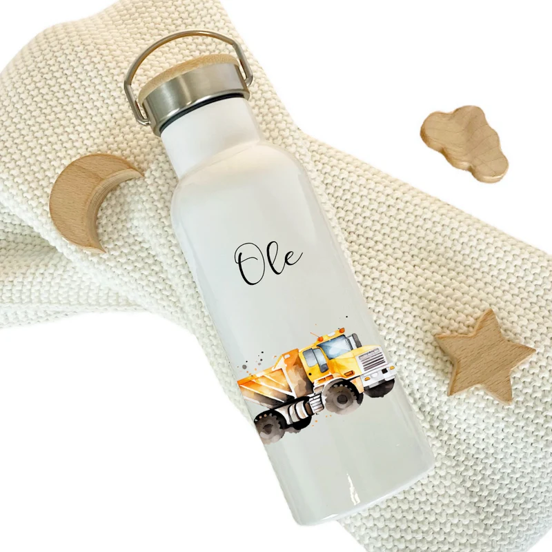 Kinder Trinkflasche "LKW Baustelle" für Jungen mit Namen personalisiert | Thermosflasche aus Edelstahl mit Bambusdeckel für Kita Schule| 500ml