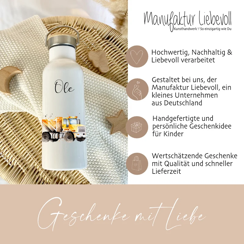 Kinder Trinkflasche "LKW Baustelle" für Jungen mit Namen personalisiert | Thermosflasche aus Edelstahl mit Bambusdeckel für Kita Schule| 500ml