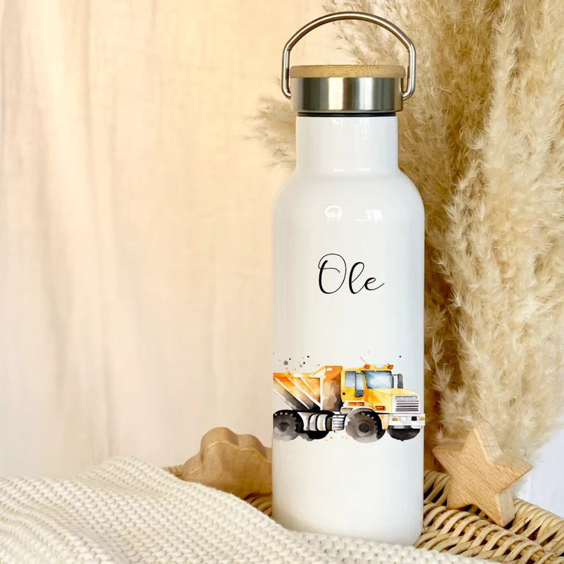 Kinder Trinkflasche "LKW Baustelle" für Jungen mit Namen personalisiert | Thermosflasche aus Edelstahl mit Bambusdeckel für Kita Schule| 500ml