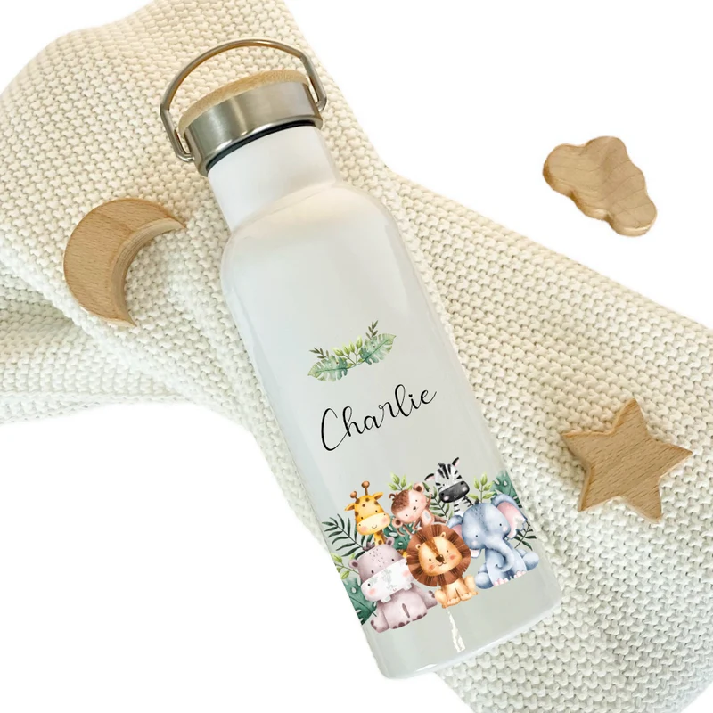 Kinder Trinkflasche "Tiere Safari" für Jungen / Mädchen mit Namen | Personalisierte Edelstahl Thermosflasche Tiermotiv mit Bambusdeckel | Kita Schule 500ml