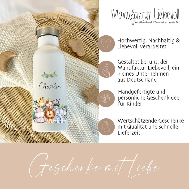 Kinder Trinkflasche "Tiere Safari" für Jungen / Mädchen mit Namen | Personalisierte Edelstahl Thermosflasche Tiermotiv mit Bambusdeckel | Kita Schule 500ml