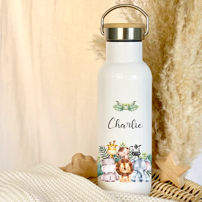 Kinder Trinkflasche "Tiere Safari" für Jungen / Mädchen mit Namen | Personalisierte Edelstahl Thermosflasche Tiermotiv mit Bambusdeckel | Kita Schule 500ml