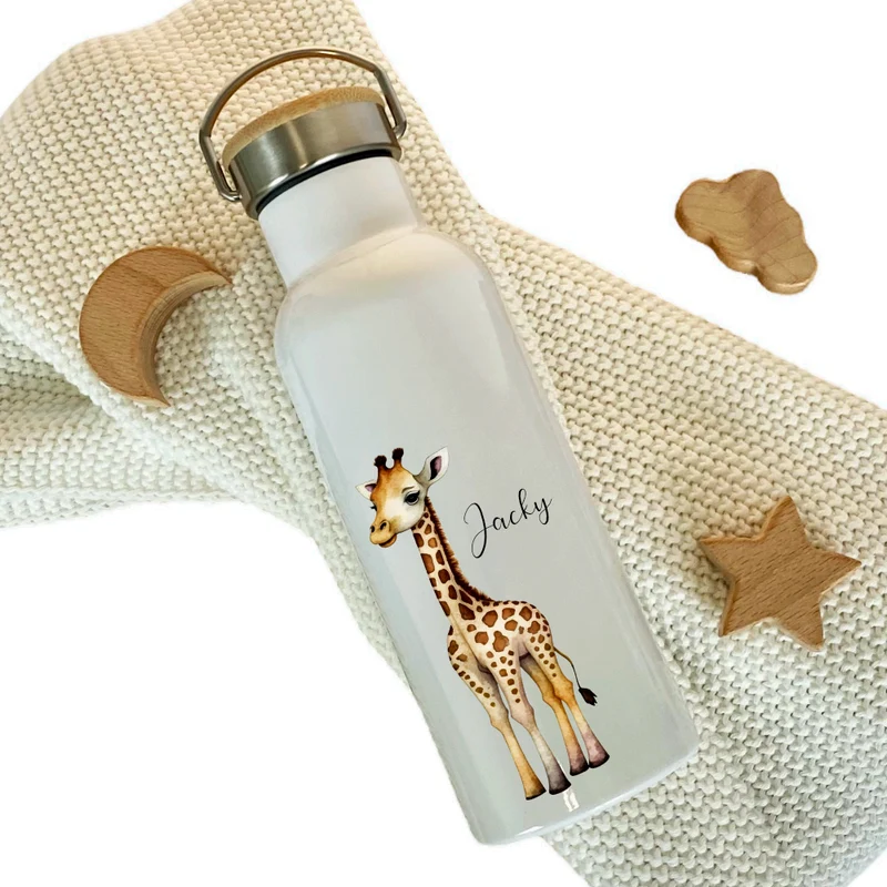 Personalisierte Kinder Trinkflasche "Giraffe" für Jungen / Mädchen mit Namen | Edelstahl Thermosflasche Tiermotiv mit Bambusdeckel | Kita Schule 500ml