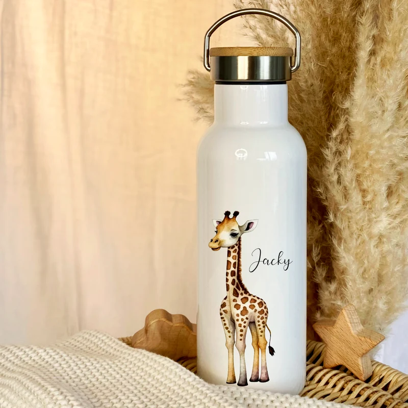 Personalisierte Kinder Trinkflasche "Giraffe" für Jungen / Mädchen mit Namen | Edelstahl Thermosflasche Tiermotiv mit Bambusdeckel | Kita Schule 500ml