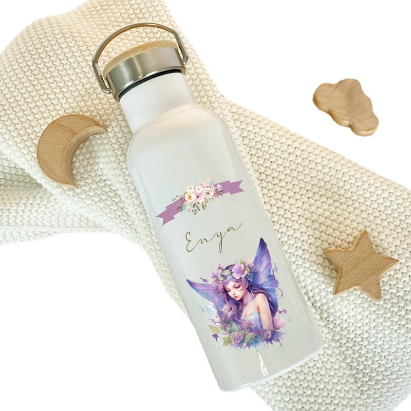Personalisierte Trinkflasche "Fee" für Mädchen mit Namen | Thermosflasche aus Edelstahl mit Bambusdeckel für Kinder Teenager Schule Kita 500ml
