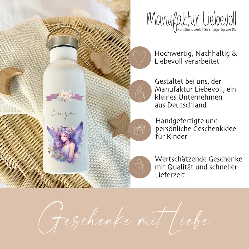 Personalisierte Trinkflasche "Fee" für Mädchen mit Namen | Thermosflasche aus Edelstahl mit Bambusdeckel für Kinder Teenager Schule Kita 500ml
