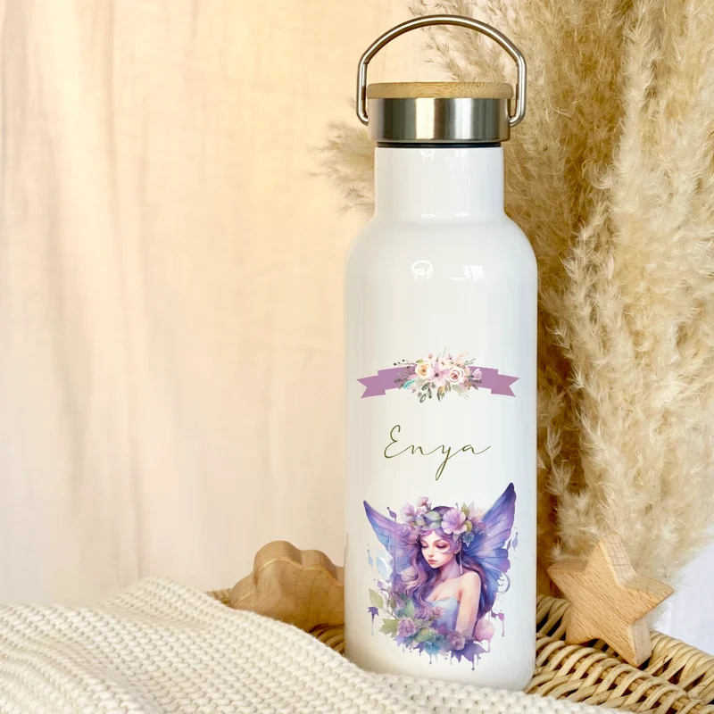 Personalisierte Trinkflasche "Fee" für Mädchen mit Namen | Thermosflasche aus Edelstahl mit Bambusdeckel für Kinder Teenager Schule Kita 500ml