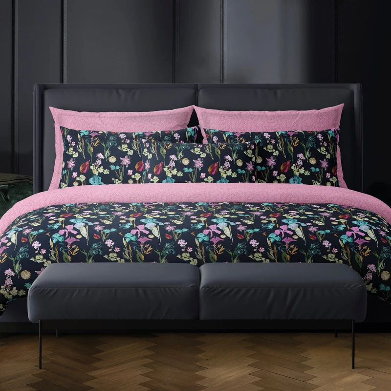 Housse de couette + taie(s) d'oreiller en satin de coton - Iris Bleu foncé