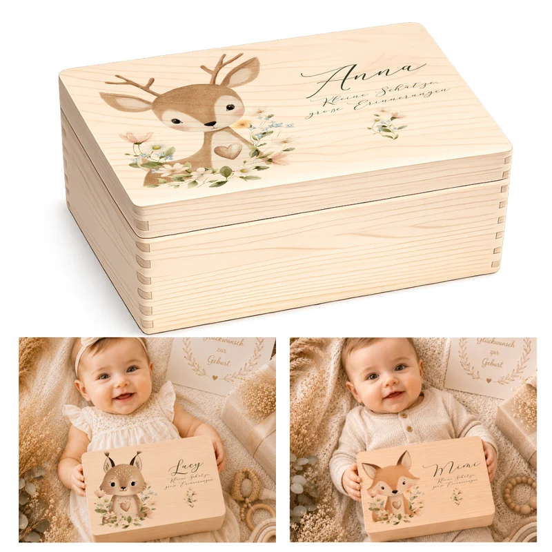 Personalisierte Erinnerungsbox aus Holz mit Namen – Süße Waldtiere Motive im Boho-Stil – Erinnerungskiste zur Geburt & Taufe