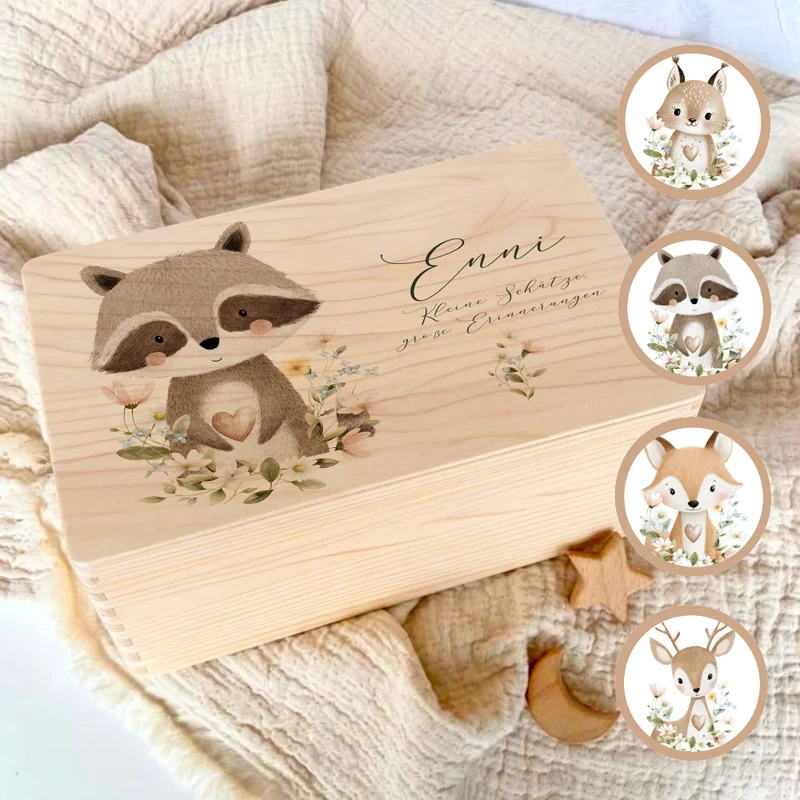 Personalisierte Erinnerungsbox aus Holz mit Namen – Süße Waldtiere Motive im Boho-Stil – Erinnerungskiste zur Geburt & Taufe