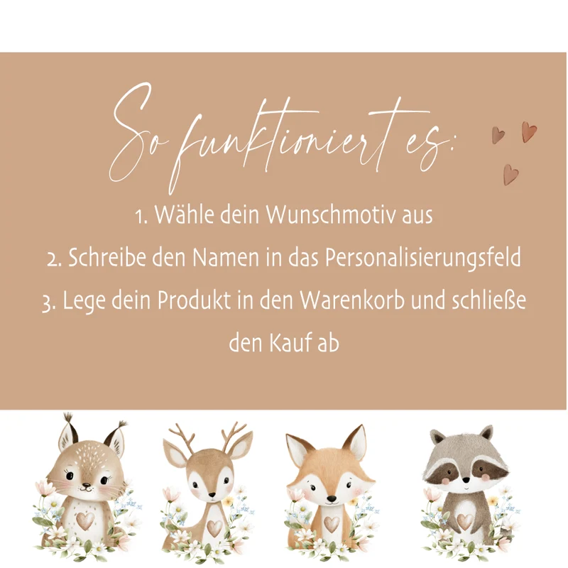 Personalisierte Erinnerungsbox aus Holz mit Namen – Süße Waldtiere Motive im Boho-Stil – Erinnerungskiste zur Geburt & Taufe