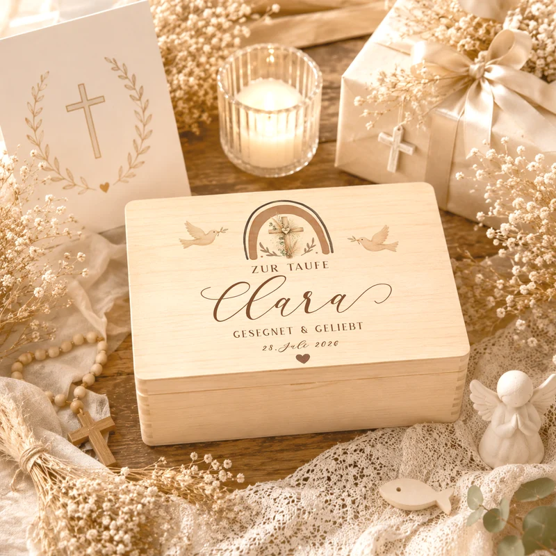Personalisierte Erinnerungskiste Taufe mit Namen & Datum | Taufgeschenk Mädchen Junge | Holzbox Taufe | Geschenk zur Taufe Erinnerungsbox