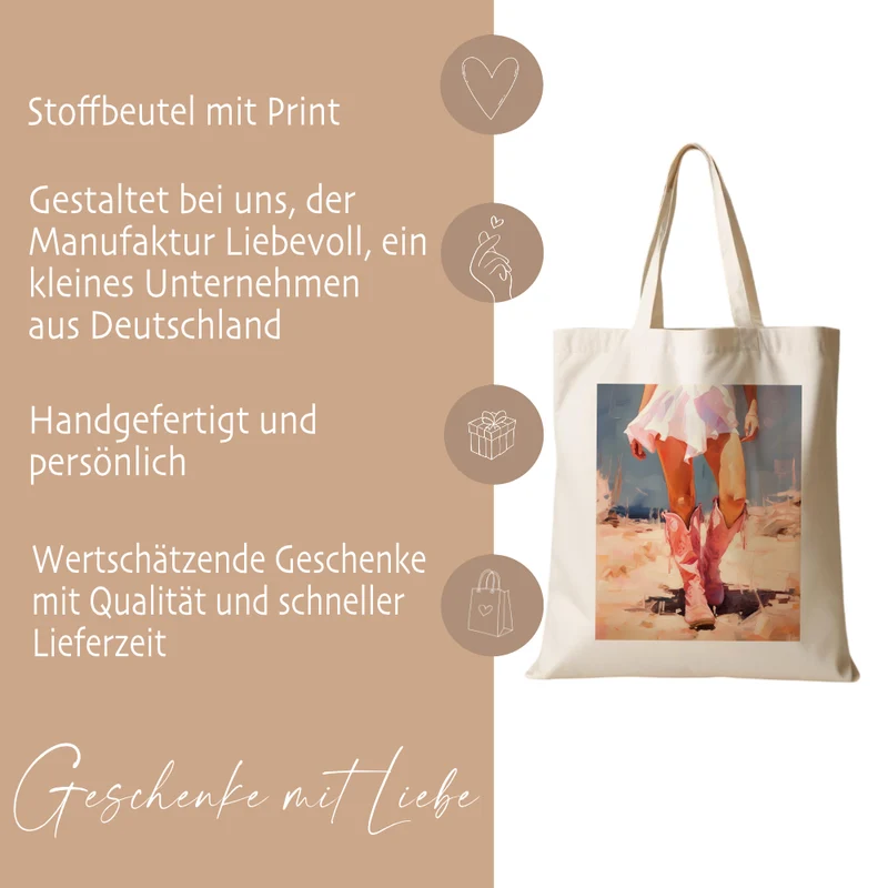 Stoffbeutel bedruckt, Motive: Cowgirl mit Boots, Respectfully, Thank u, next