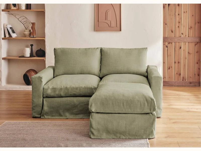 Canapé 2-3 places d'angle avec pouf en lin LENO