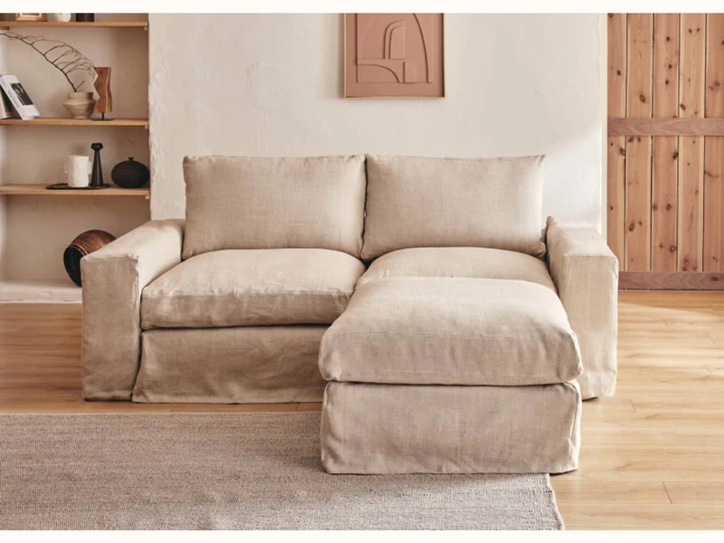 Canapé 2-3 places d'angle avec pouf en lin LENO