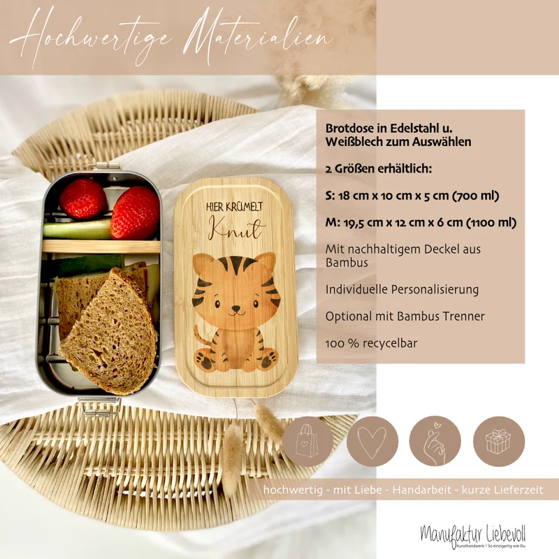 Lunchbox "Tiger" wählbar in Edelstahl mit Bambusdeckel und Namen für Kinder | Brotdose mit Tiermotiv | Personalisiertes Geschenk für Kinder