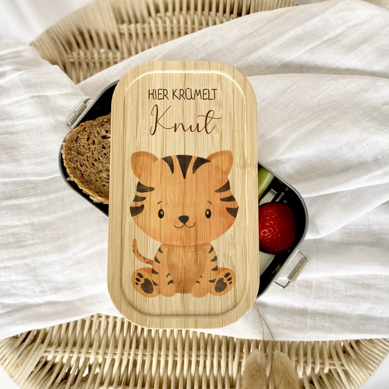 Lunchbox "Tiger" wählbar in Edelstahl mit Bambusdeckel und Namen für Kinder | Brotdose mit Tiermotiv | Personalisiertes Geschenk für Kinder