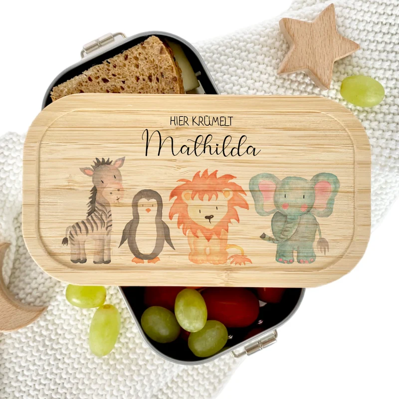 Lunchbox "Aquarell Tiere" wählbar in Edelstahl mit Bambusdeckel und Namen für Kinder | Brotdose mit Tiermotiv | Personalisiertes Geschenk für Kinder