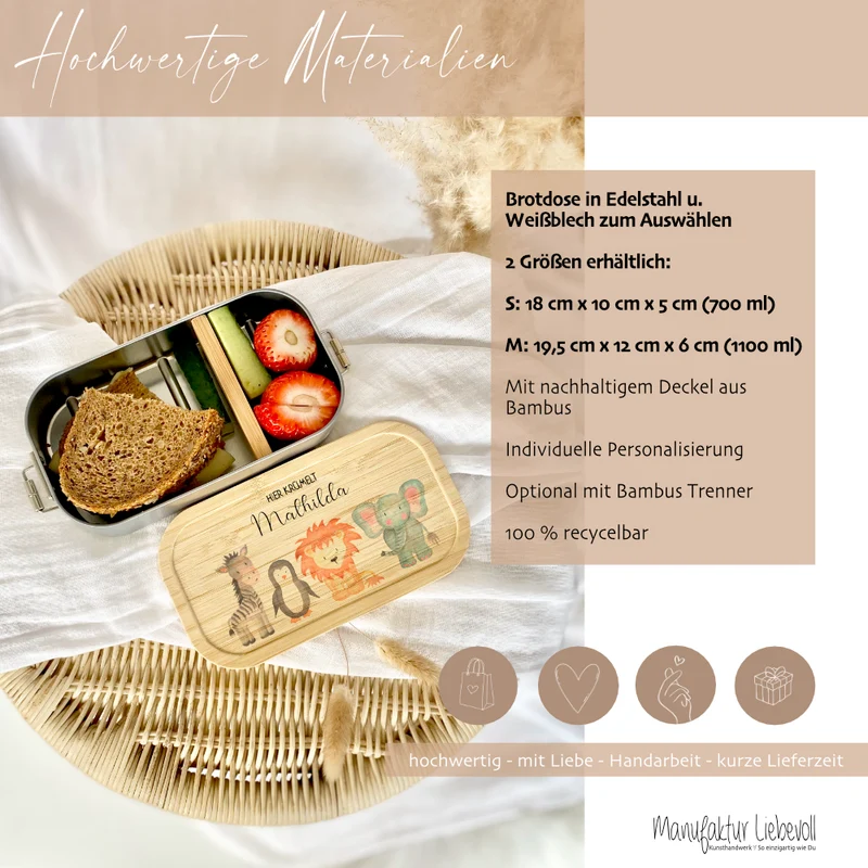 Lunchbox "Aquarell Tiere" wählbar in Edelstahl mit Bambusdeckel und Namen für Kinder | Brotdose mit Tiermotiv | Personalisiertes Geschenk für Kinder