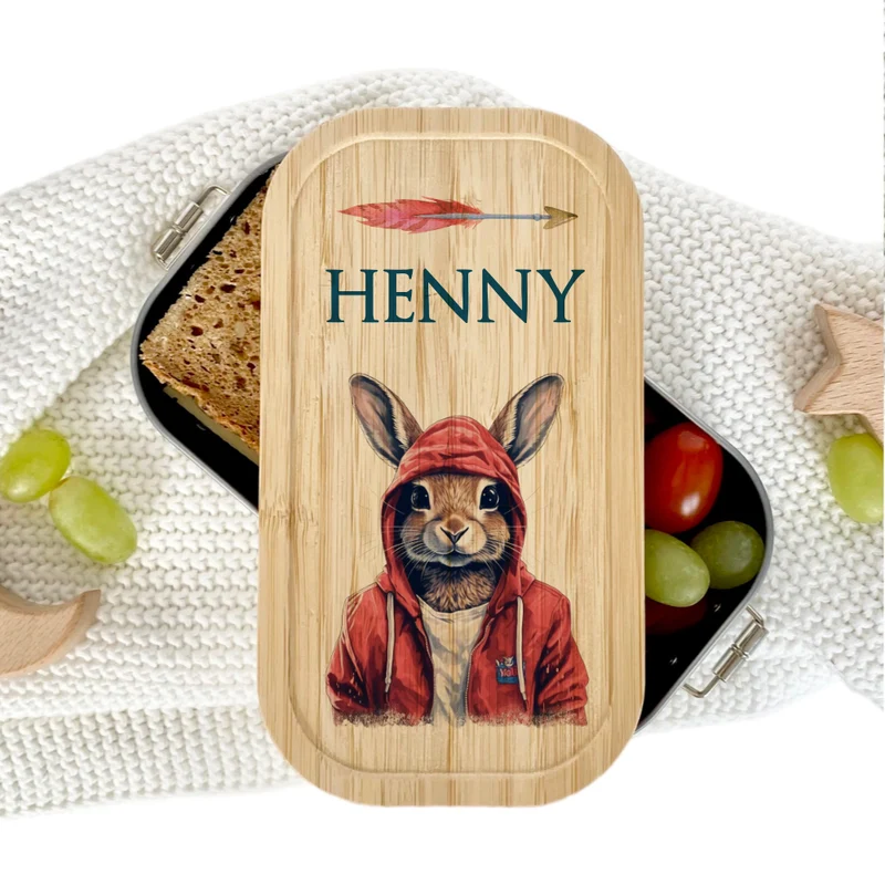 Brotdose "Hase" wählbar in Edelstahl mit Bambusdeckel und Namen für Kinder u. Teenager | Brotdose mit coolem Hasen Motiv | Personalisiertes Geschenk für Kinder