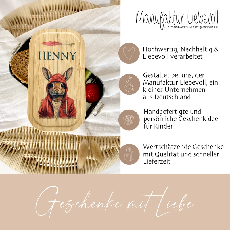 Brotdose "Hase" wählbar in Edelstahl mit Bambusdeckel und Namen für Kinder u. Teenager | Brotdose mit coolem Hasen Motiv | Personalisiertes Geschenk für Kinder