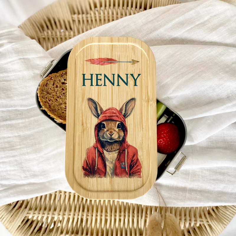 Brotdose "Hase" wählbar in Edelstahl mit Bambusdeckel und Namen für Kinder u. Teenager | Brotdose mit coolem Hasen Motiv | Personalisiertes Geschenk für Kinder