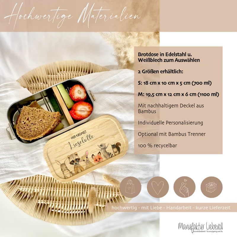 Lunchbox "Tiere" wählbar in Edelstahl mit Bambusdeckel und Namen für Kinder | Brotdose mit Tiermotiv | Personalisiertes Geschenk für Kinder