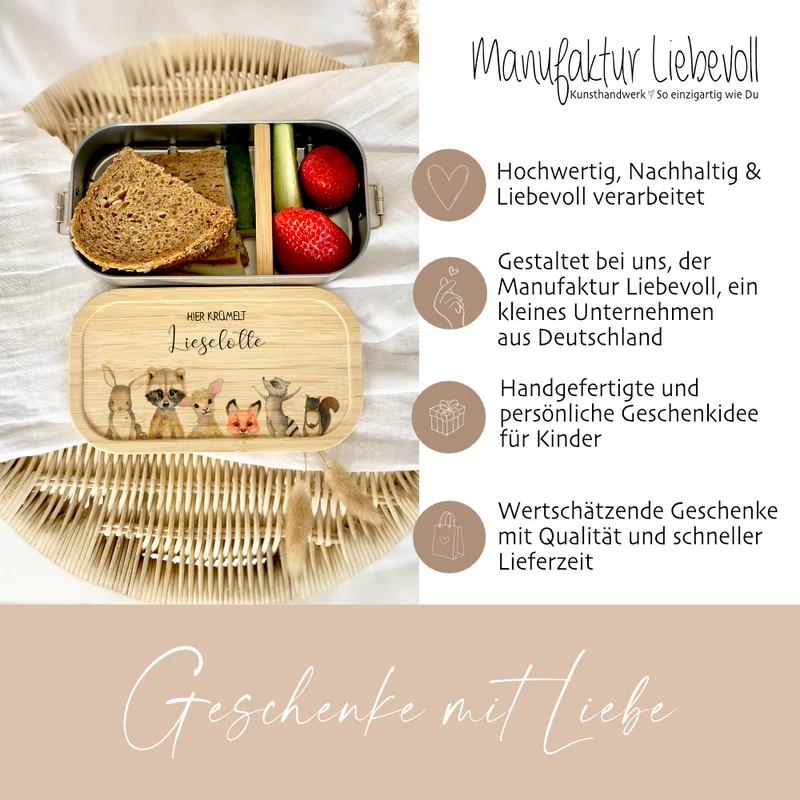 Lunchbox "Tiere" wählbar in Edelstahl mit Bambusdeckel und Namen für Kinder | Brotdose mit Tiermotiv | Personalisiertes Geschenk für Kinder