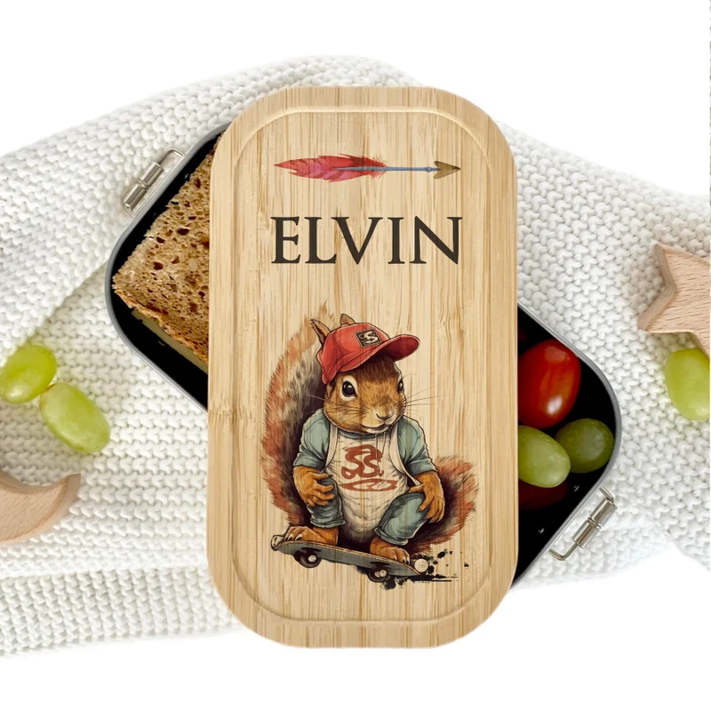 Brotdose "Skater" wählbar in Edelstahl mit Bambusdeckel und Namen für Kinder u. Teenager | Brotdose mit coolem Eichhörnchen Motiv | Personalisiertes Geschenk für Kinder