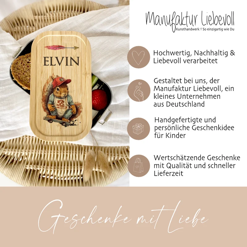Brotdose "Skater" wählbar in Edelstahl mit Bambusdeckel und Namen für Kinder u. Teenager | Brotdose mit coolem Eichhörnchen Motiv | Personalisiertes Geschenk für Kinder