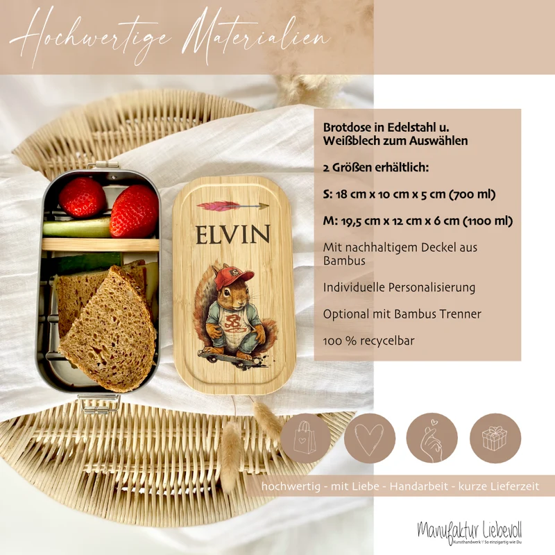 Brotdose "Skater" wählbar in Edelstahl mit Bambusdeckel und Namen für Kinder u. Teenager | Brotdose mit coolem Eichhörnchen Motiv | Personalisiertes Geschenk für Kinder