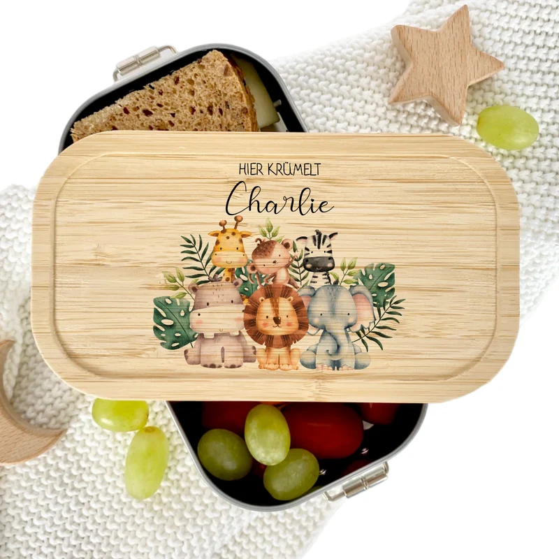 Lunchbox "Safari Tiere" wählbar in Edelstahl mit Bambusdeckel und Namen für Kinder | Brotdose mit Tiermotiv | Personalisiertes Geschenk für Kinder
