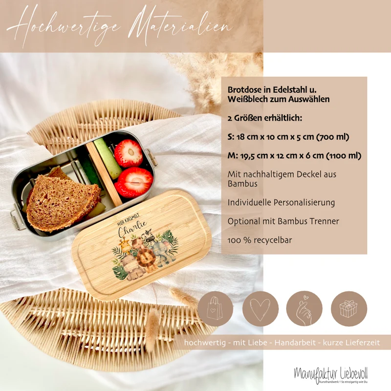 Lunchbox "Safari Tiere" wählbar in Edelstahl mit Bambusdeckel und Namen für Kinder | Brotdose mit Tiermotiv | Personalisiertes Geschenk für Kinder