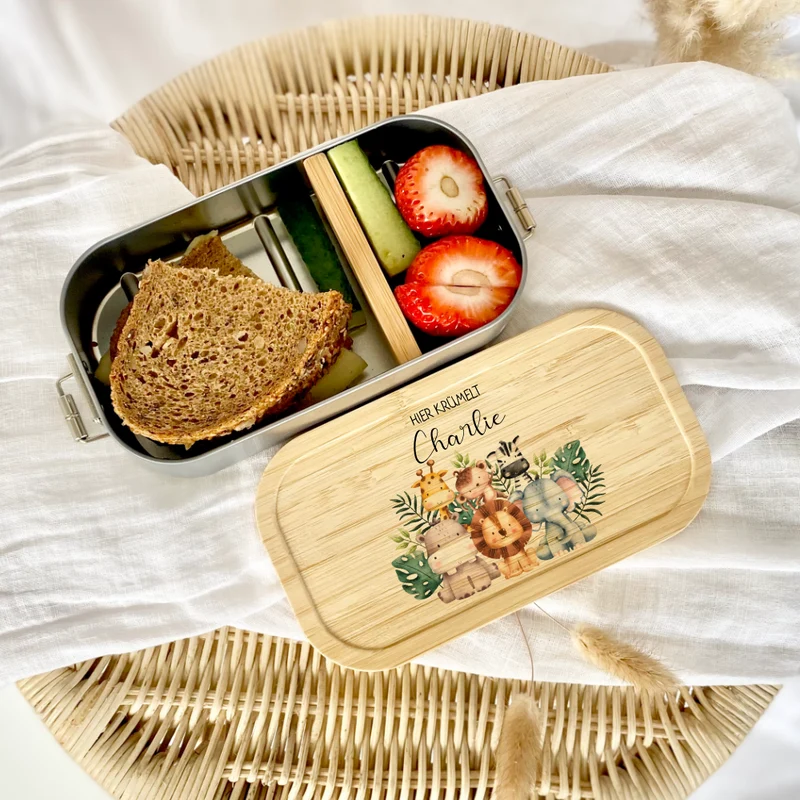 Lunchbox "Safari Tiere" wählbar in Edelstahl mit Bambusdeckel und Namen für Kinder | Brotdose mit Tiermotiv | Personalisiertes Geschenk für Kinder