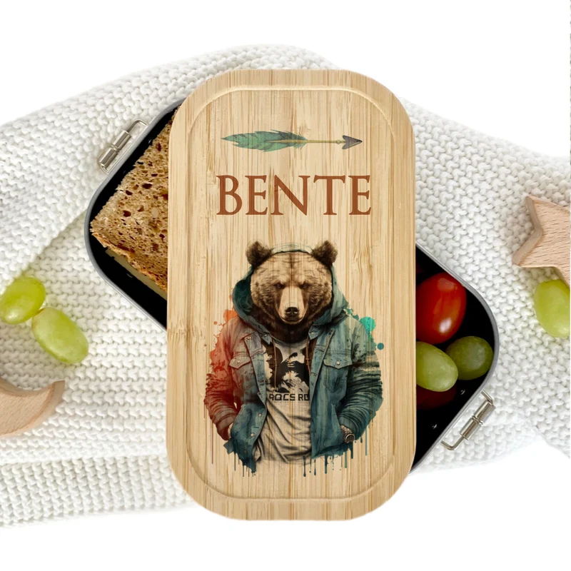 Brotdose "Bär" wählbar in Edelstahl mit Bambusdeckel und Namen für Kinder u. Teenager | Brotdose mit coolem Tier Motiv | Personalisiertes Geschenk für Kinder