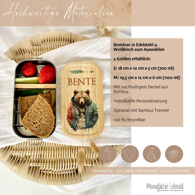 Brotdose "Bär" wählbar in Edelstahl mit Bambusdeckel und Namen für Kinder u. Teenager | Brotdose mit coolem Tier Motiv | Personalisiertes Geschenk für Kinder