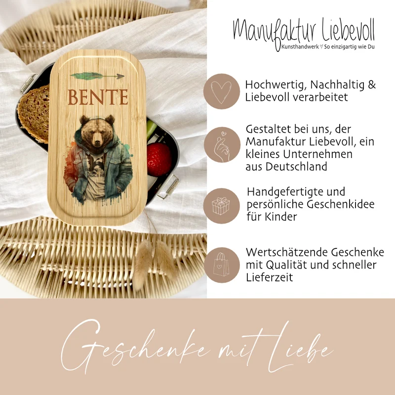 Brotdose "Bär" wählbar in Edelstahl mit Bambusdeckel und Namen für Kinder u. Teenager | Brotdose mit coolem Tier Motiv | Personalisiertes Geschenk für Kinder