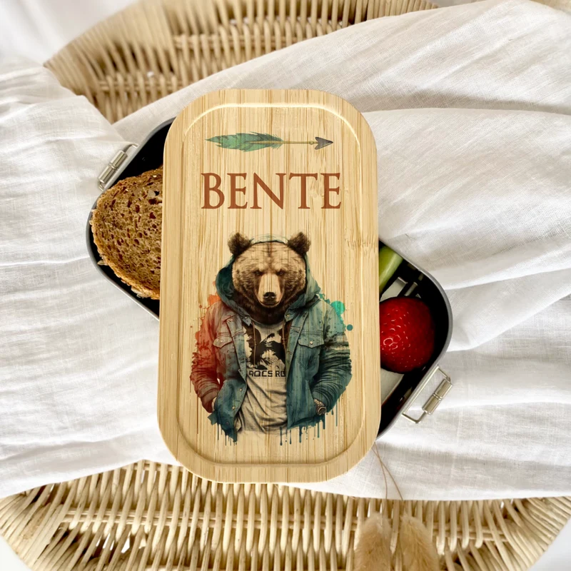 Brotdose "Bär" wählbar in Edelstahl mit Bambusdeckel und Namen für Kinder u. Teenager | Brotdose mit coolem Tier Motiv | Personalisiertes Geschenk für Kinder