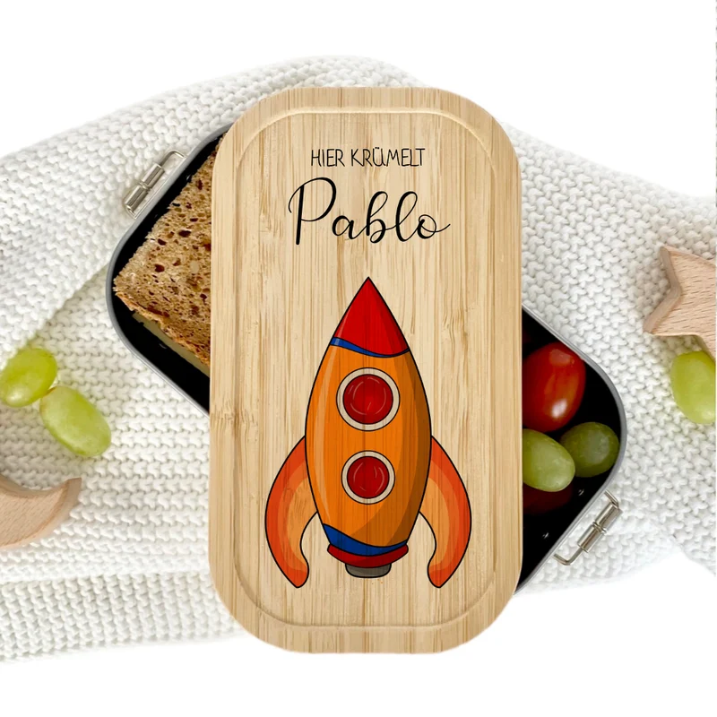 Lunchbox "Rakete" wählbar in Edelstahl mit Bambusdeckel und Namen für Kinder | Brotdose mit Weltall Weltraum Motiv | Personalisiertes Geschenk für Kinder