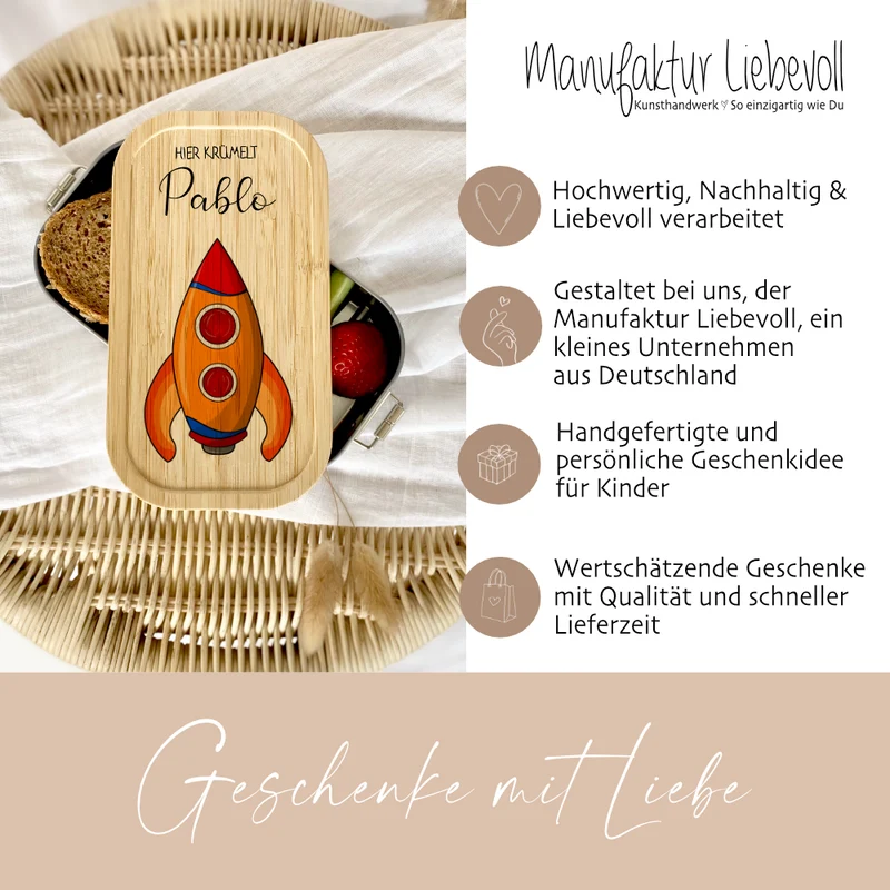 Lunchbox "Rakete" wählbar in Edelstahl mit Bambusdeckel und Namen für Kinder | Brotdose mit Weltall Weltraum Motiv | Personalisiertes Geschenk für Kinder