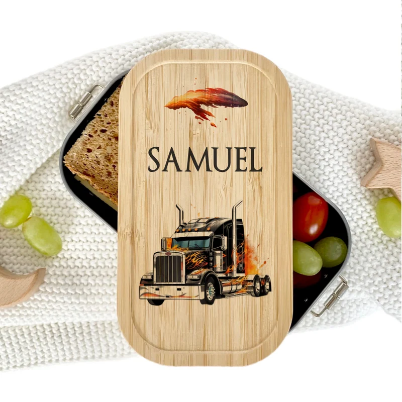 Lunchbox "Truck" wählbar in Edelstahl mit Bambusdeckel und Namen für Kinder | Brotbox mit Lastwagen LKW Motiv | Personalisiertes Geschenk für Kinder