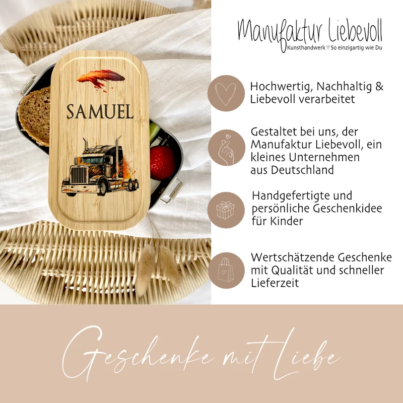 Lunchbox "Truck" wählbar in Edelstahl mit Bambusdeckel und Namen für Kinder | Brotbox mit Lastwagen LKW Motiv | Personalisiertes Geschenk für Kinder