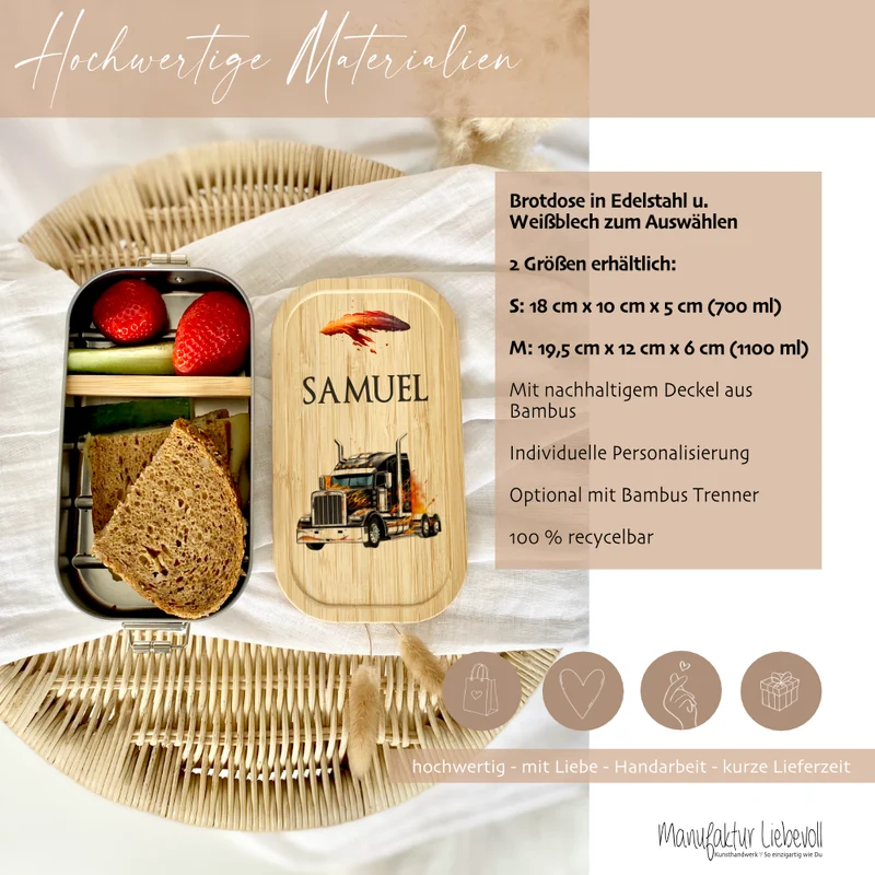 Lunchbox "Truck" wählbar in Edelstahl mit Bambusdeckel und Namen für Kinder | Brotbox mit Lastwagen LKW Motiv | Personalisiertes Geschenk für Kinder