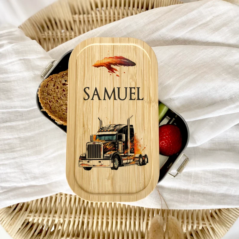Lunchbox "Truck" wählbar in Edelstahl mit Bambusdeckel und Namen für Kinder | Brotbox mit Lastwagen LKW Motiv | Personalisiertes Geschenk für Kinder