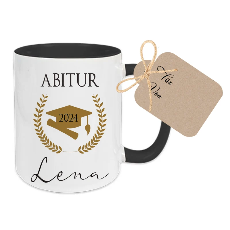Abitur Kaffeetasse, personalisiertes Abi Geschenk mit Namen, Keramiktasse mit Anhänger als Geschenkidee für Abiturienten, zur bestandenen Prüfung