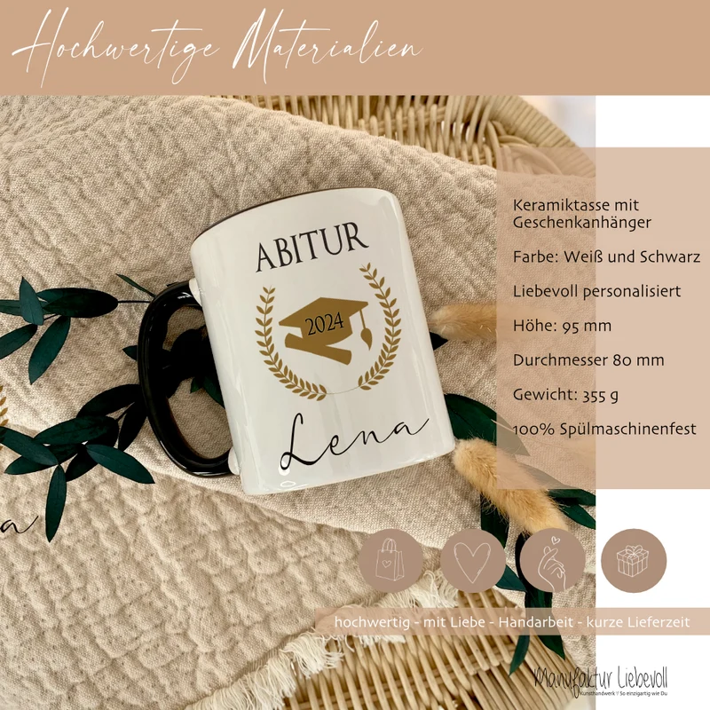 Abitur Kaffeetasse, personalisiertes Abi Geschenk mit Namen, Keramiktasse mit Anhänger als Geschenkidee für Abiturienten, zur bestandenen Prüfung